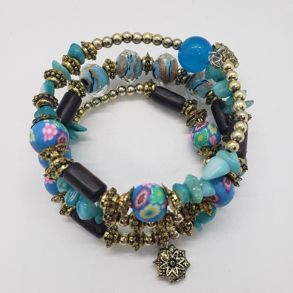 Beaded Memory Wire Bracelet In Turquoise Blue Boho - Picture 9 of 14